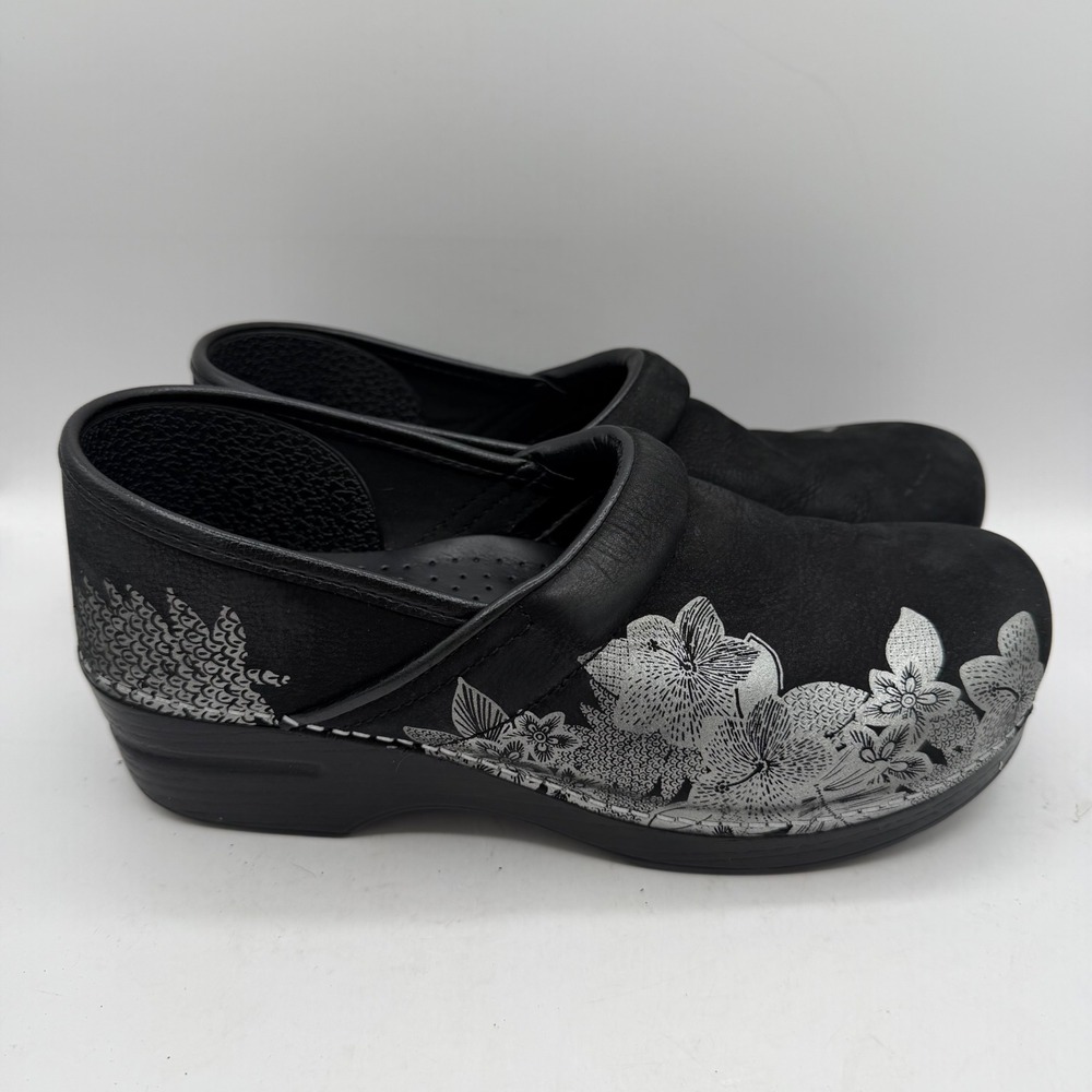 Dansko Clogs Women 40 Professional Black Silver Floral Leather